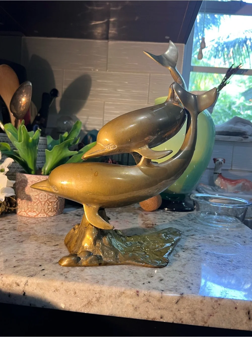 Mid Century Golden Brass Dolphin Duo Sculpture Tall!